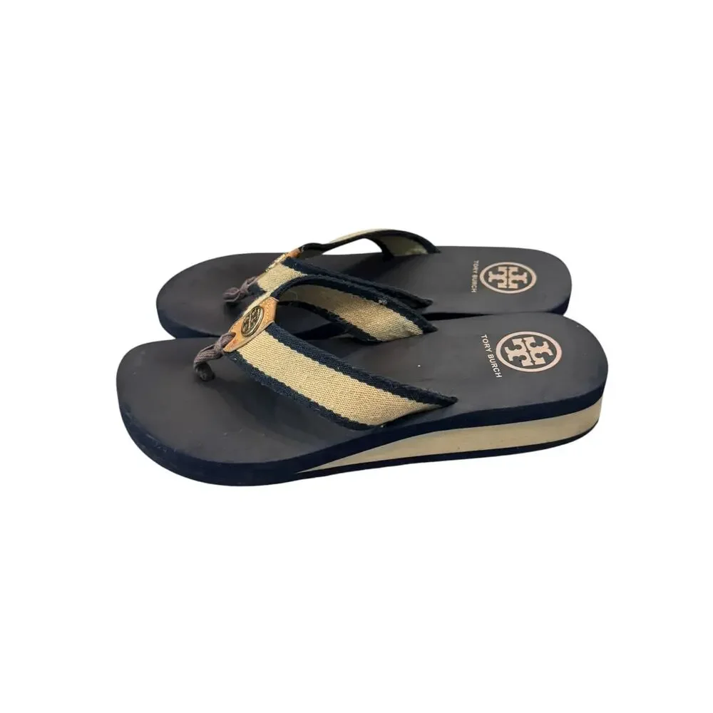 Tory Burch Frankie Wedge Flip Flop Sandals Navy Tan Women’s Sz 8